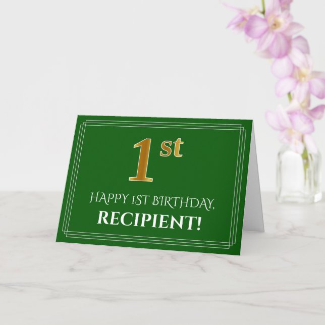 Elegant Faux Gold Look 1st Birthday, Name (Green) Card (Orchid)