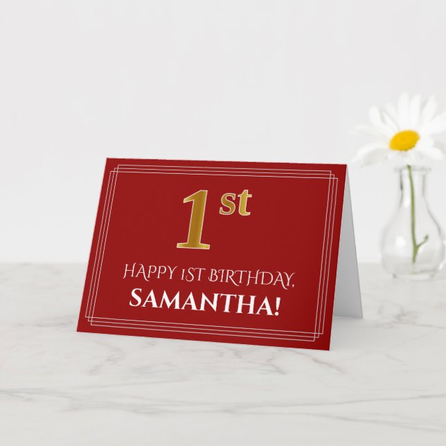 Elegant Faux Gold Look "1st" Birthday, Name (Red) Card (Small Plant)