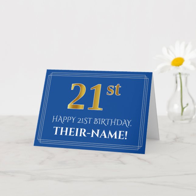 Elegant Faux Gold Look 21st Birthday, Name (Blue) Card (Small Plant)