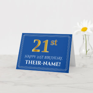 Elegant Faux Gold Look 21st Birthday, Name (Blue) Card