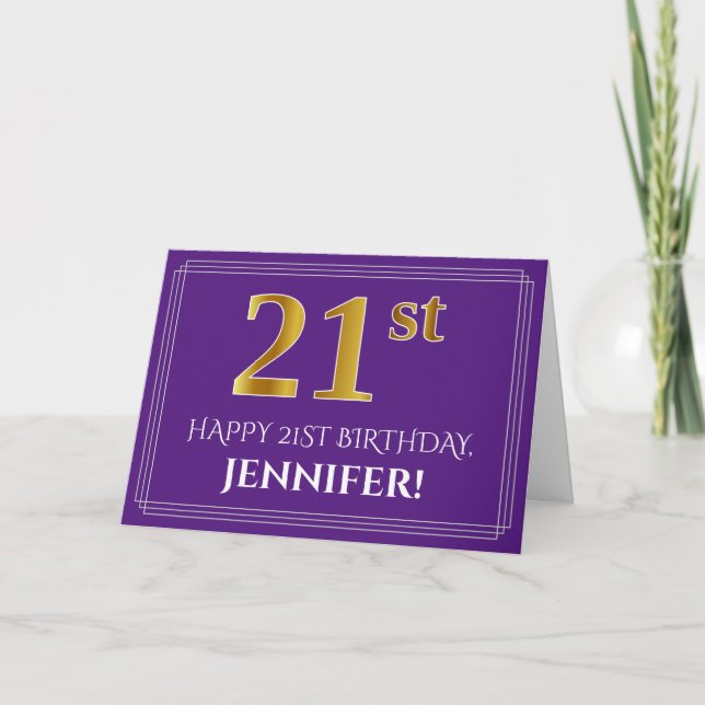 Elegant Faux Gold Look 21st Birthday, Name; Purple Card (Front)