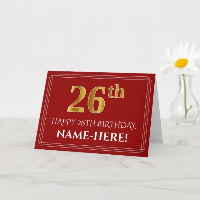 Elegant Faux Gold Look "26th" Birthday, Name (Red) Card (Small Plant)