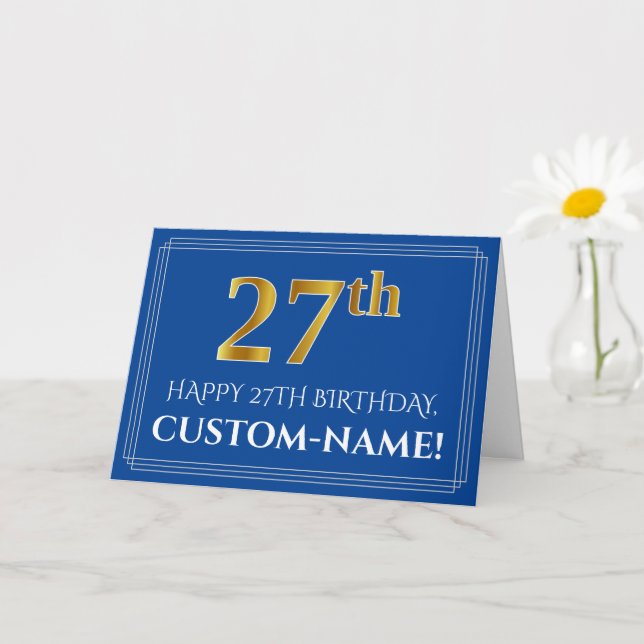 Elegant Faux Gold Look 27th Birthday, Name (Blue) Card (Small Plant)