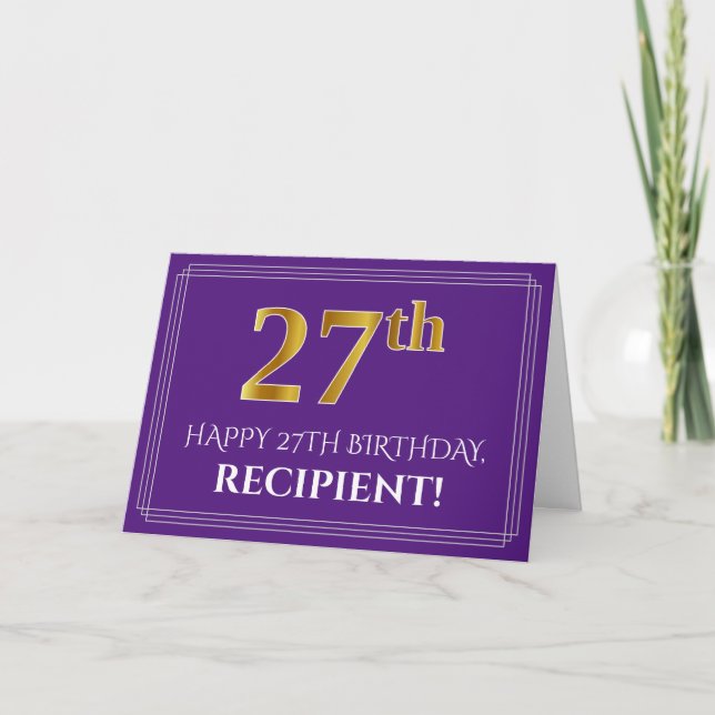 Elegant Faux Gold Look 27th Birthday, Name; Purple Card (Front)