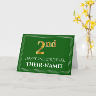Elegant Faux Gold Look 2nd Birthday, Name (Green) Card