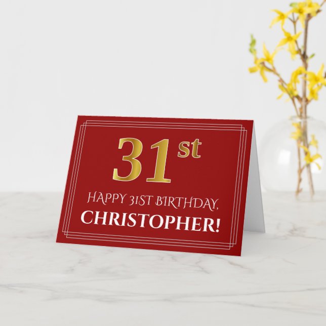 Elegant Faux Gold Look "31st" Birthday, Name (Red) Card (Yellow Flower)