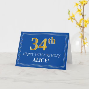 Elegant Faux Gold Look 34th Birthday, Name (Blue) Card