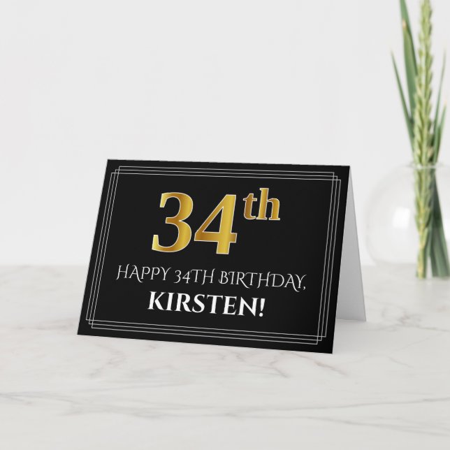 Elegant Faux Gold Look "34th" Birthday + Name Card (Front)