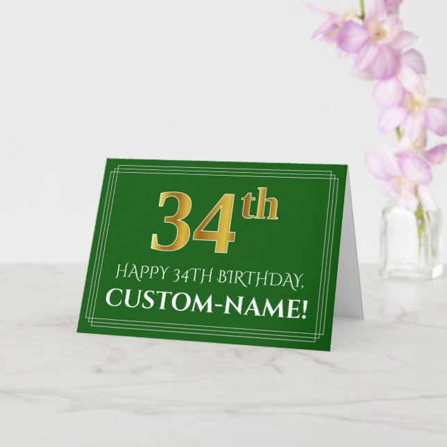 Elegant Faux Gold Look 34th Birthday, Name (Green) Card (Orchid)