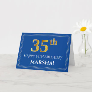 Elegant Faux Gold Look 35th Birthday, Name (Blue) Card