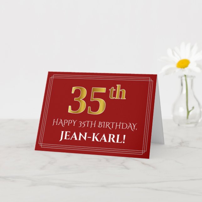 Elegant Faux Gold Look "35th" Birthday, Name (Red) Card (Small Plant)
