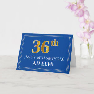 Elegant Faux Gold Look 36th Birthday, Name (Blue) Card