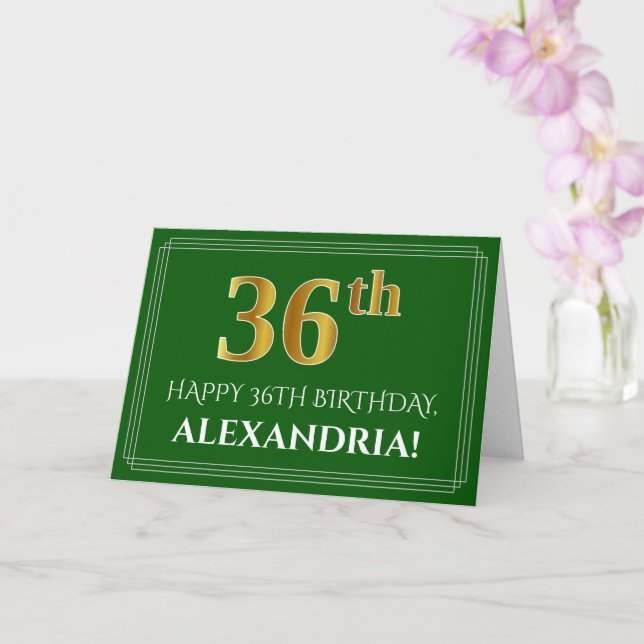 Elegant Faux Gold Look 36th Birthday, Name (Green) Card (Orchid)