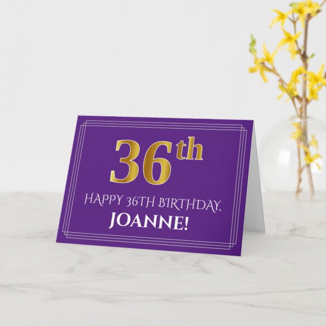 Elegant Faux Gold Look 36th Birthday, Name; Purple Card (Yellow Flower)
