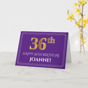 Elegant Faux Gold Look 36th Birthday, Name; Purple Card