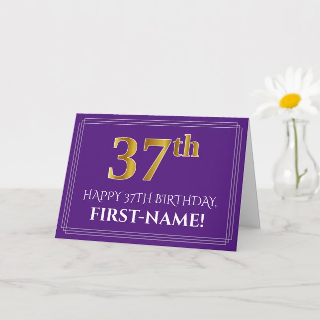 Elegant Faux Gold Look 37th Birthday, Name; Purple Card (Small Plant)