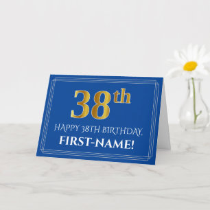 Elegant Faux Gold Look 38th Birthday, Name (Blue) Card