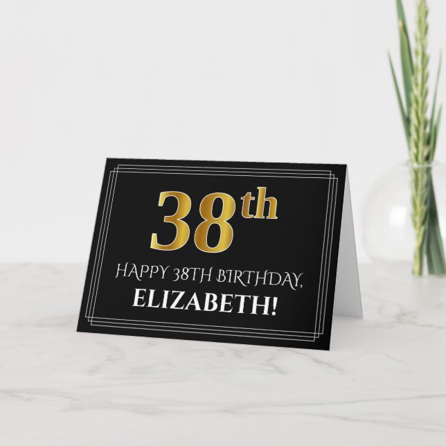 Elegant Faux Gold Look "38th" Birthday + Name Card (Front)