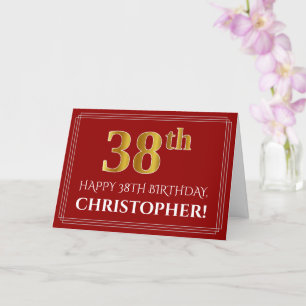 Elegant Faux Gold Look "38th" Birthday, Name (Red) Card