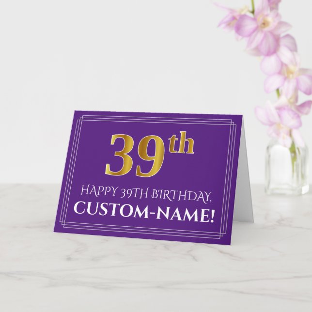 Elegant Faux Gold Look 39th Birthday, Name; Purple Card (Orchid)