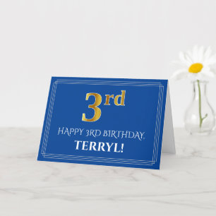 Elegant Faux Gold Look 3rd Birthday, Name (Blue) Card