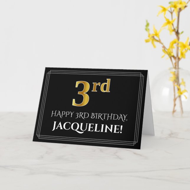 Elegant Faux Gold Look "3rd" Birthday + Name Card (Yellow Flower)