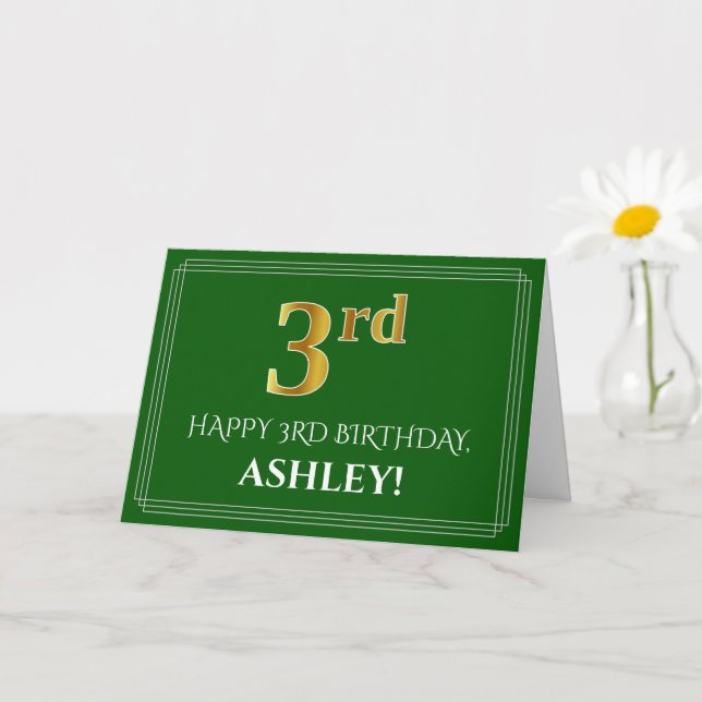 Elegant Faux Gold Look 3rd Birthday, Name (Green) Card (Small Plant)
