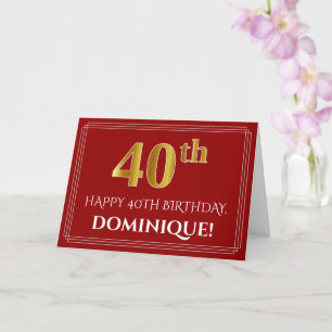 Elegant Faux Gold Look "40th" Birthday, Name (Red) Card