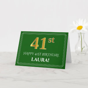Elegant Faux Gold Look 41st Birthday, Name (Green) Card