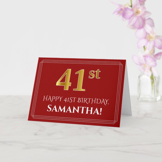 Elegant Faux Gold Look "41st" Birthday, Name (Red) Card (Orchid)