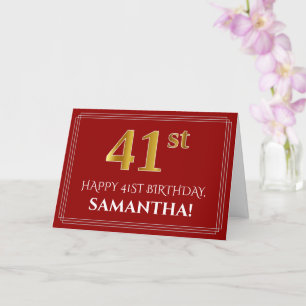 Elegant Faux Gold Look "41st" Birthday, Name (Red) Card