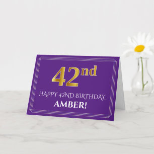 Elegant Faux Gold Look 42nd Birthday, Name; Purple Card