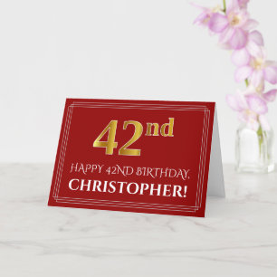Elegant Faux Gold Look "42nd" Birthday, Name (Red) Card