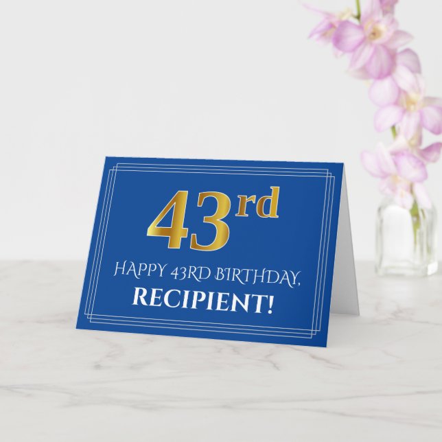 Elegant Faux Gold Look 43rd Birthday, Name (Blue) Card (Orchid)
