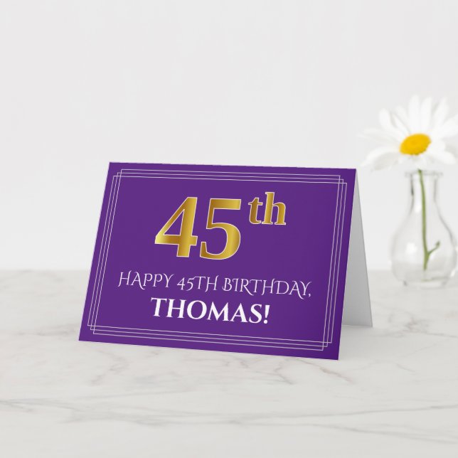 Elegant Faux Gold Look 45th Birthday, Name; Purple Card (Small Plant)