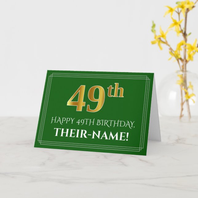 Elegant Faux Gold Look 49th Birthday, Name (Green) Card (Yellow Flower)