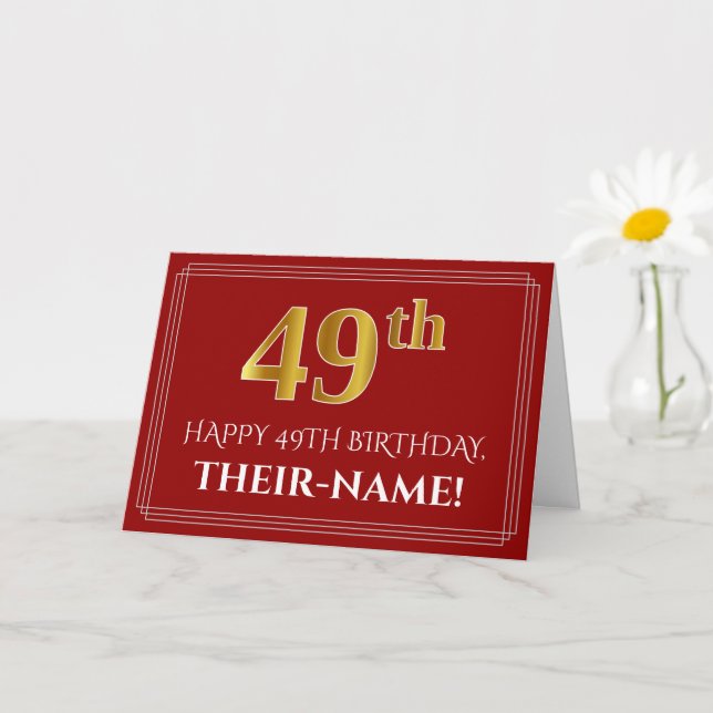 Elegant Faux Gold Look "49th" Birthday, Name (Red) Card (Small Plant)