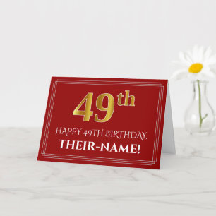 Elegant Faux Gold Look "49th" Birthday, Name (Red) Card