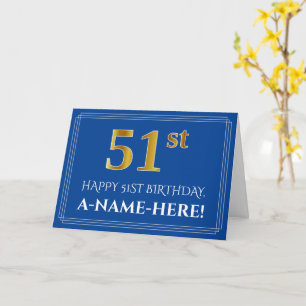 Elegant Faux Gold Look 51st Birthday, Name (Blue) Card