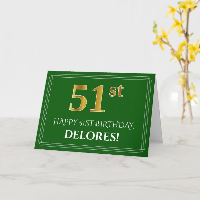 Elegant Faux Gold Look 51st Birthday, Name (Green) Card (Yellow Flower)