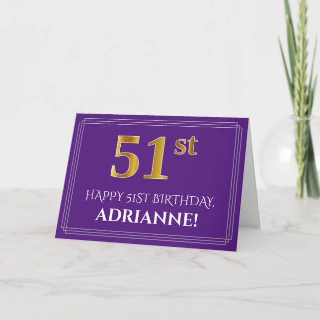 Elegant Faux Gold Look 51st Birthday, Name; Purple Card (Front)