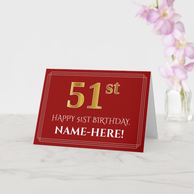 Elegant Faux Gold Look "51st" Birthday, Name (Red) Card (Orchid)