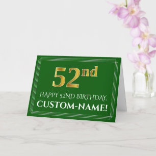 Elegant Faux Gold Look 52nd Birthday, Name (Green) Card