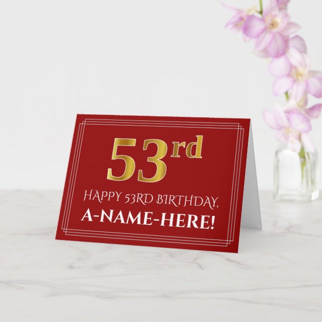 Elegant Faux Gold Look "53rd" Birthday, Name (Red) Card (Orchid)