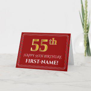 Elegant Faux Gold Look "55th" Birthday, Name (Red) Card