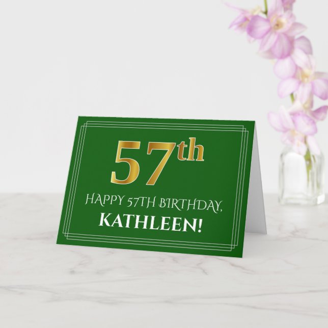 Elegant Faux Gold Look 57th Birthday, Name (Green) Card (Orchid)