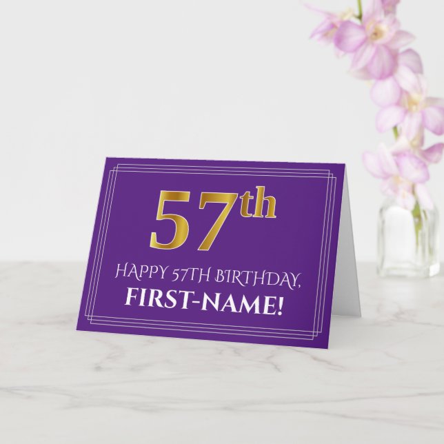 Elegant Faux Gold Look 57th Birthday, Name; Purple Card (Orchid)