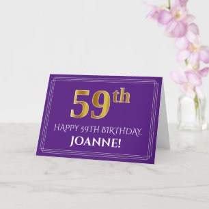 Elegant Faux Gold Look 59th Birthday, Name; Purple Card