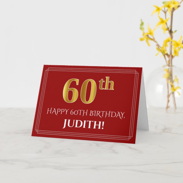 Elegant Faux Gold Look "60th" Birthday, Name (Red) Card (Yellow Flower)