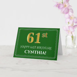 Elegant Faux Gold Look 61st Birthday, Name (Green) Card